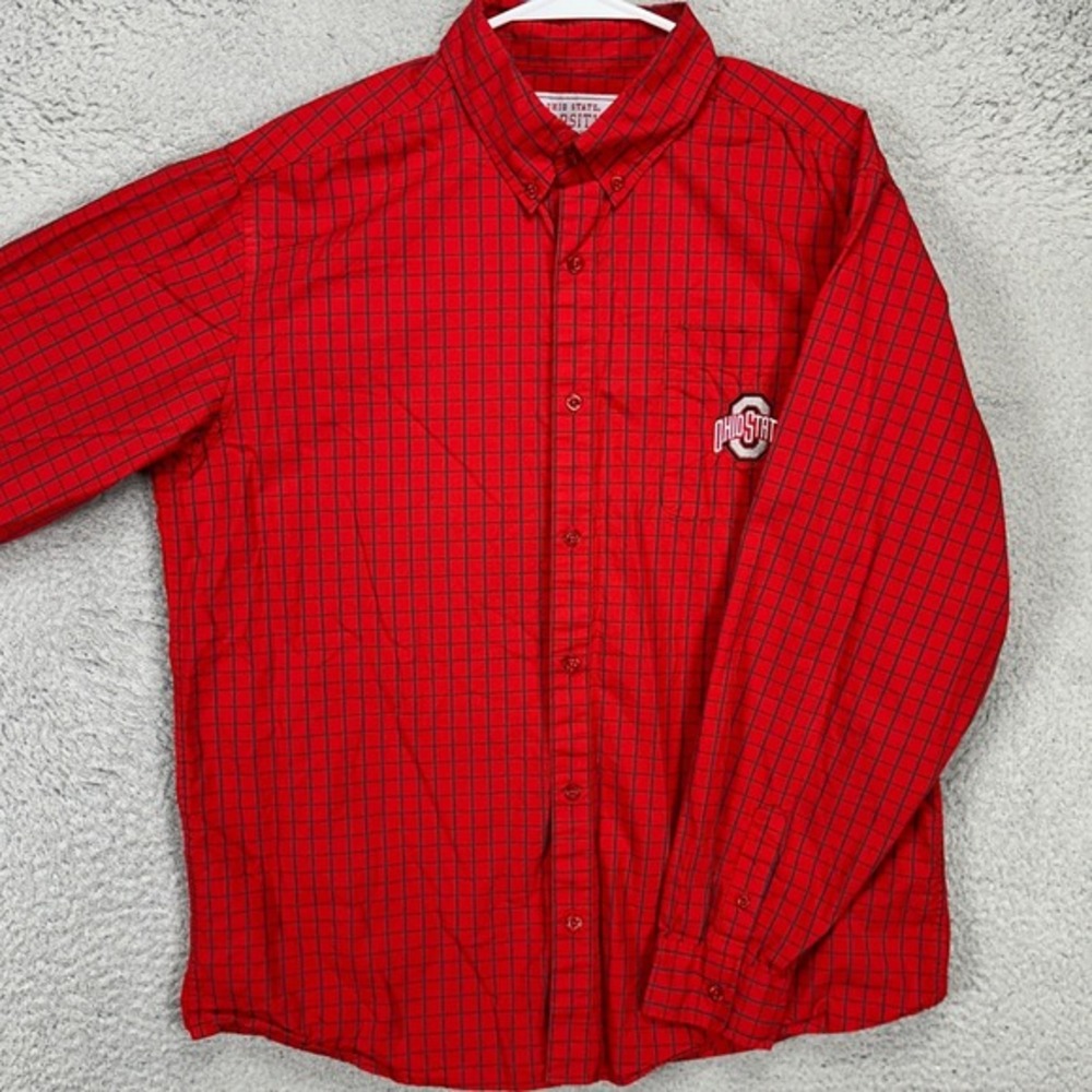 Ohio State‎ Buckeyes Varsity Mens Button Down Shirt Medium Red Grid Check Casual